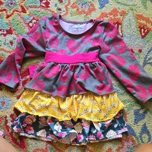Ruffles By Tutu And Lulu Pink, Gray And Yellow Floral Dress Size Little Girl 3t